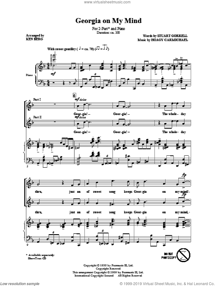 Georgia On My Mind sheet music for choir (2-Part) by Hoagy Carmichael, Stuart Gorrell, Ken Berg, Ray Charles and Willie Nelson, intermediate duet