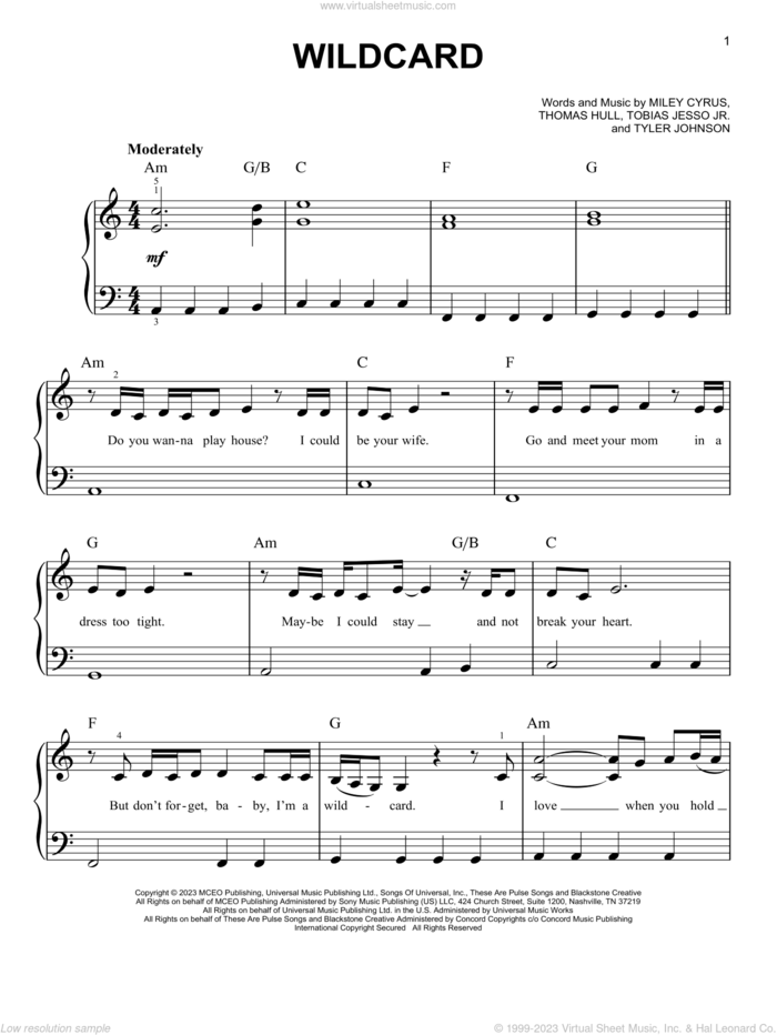 Wildcard sheet music for piano solo by Miley Cyrus, Tobias Jesso Jr., Tom Hull and Tyler Johnson, easy skill level