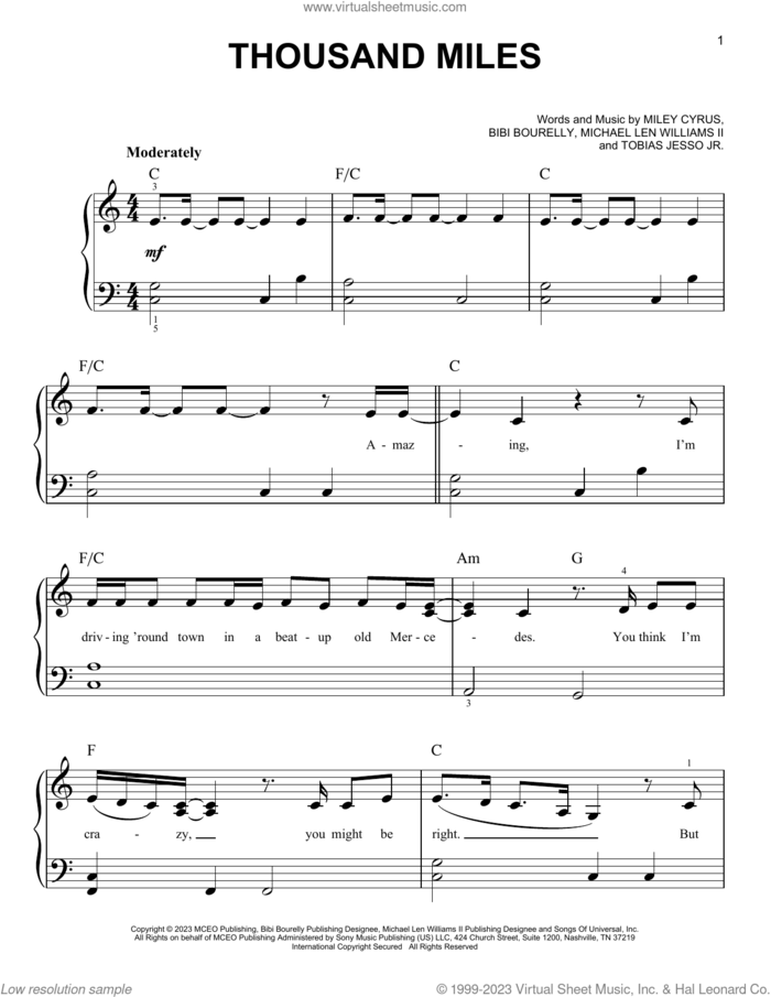 Thousand Miles (feat. Brandi Carlile) sheet music for piano solo by Miley Cyrus, Brandi Carlile, Bibi Bourelly, Michael Len Williams II and Tobias Jesso Jr., easy skill level