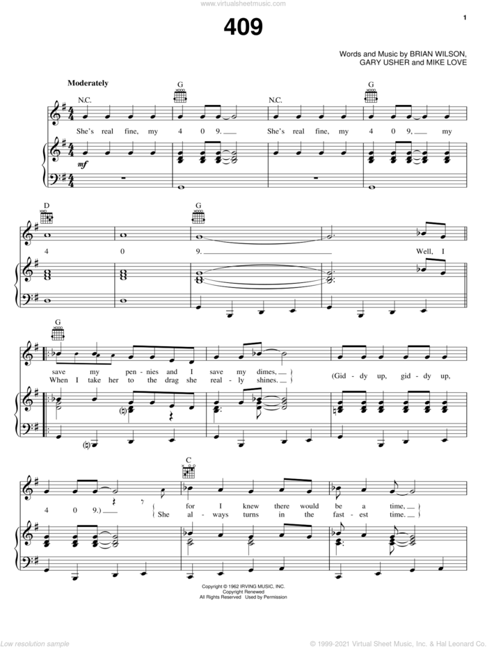 409 sheet music for voice, piano or guitar by The Beach Boys, Brian Wilson, Gary Usher and Mike Love, intermediate skill level
