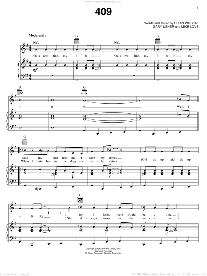 409 sheet music for voice, piano or guitar by The Beach Boys, Brian Wilson, Gary Usher and Mike Love, intermediate skill level