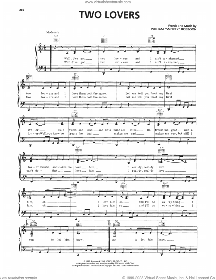Two Lovers sheet music for voice, piano or guitar by Mary Wells, intermediate skill level