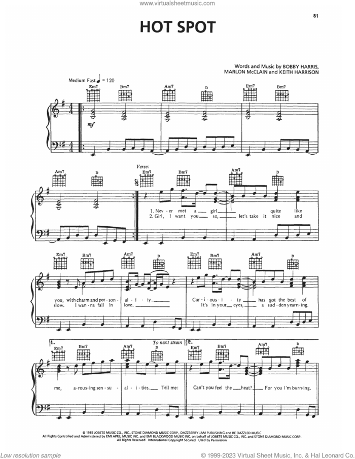 Hot Spot sheet music for voice, piano or guitar by Dazz Band, Bobby Harris, Keith Harrison and Marlon McClain, intermediate skill level