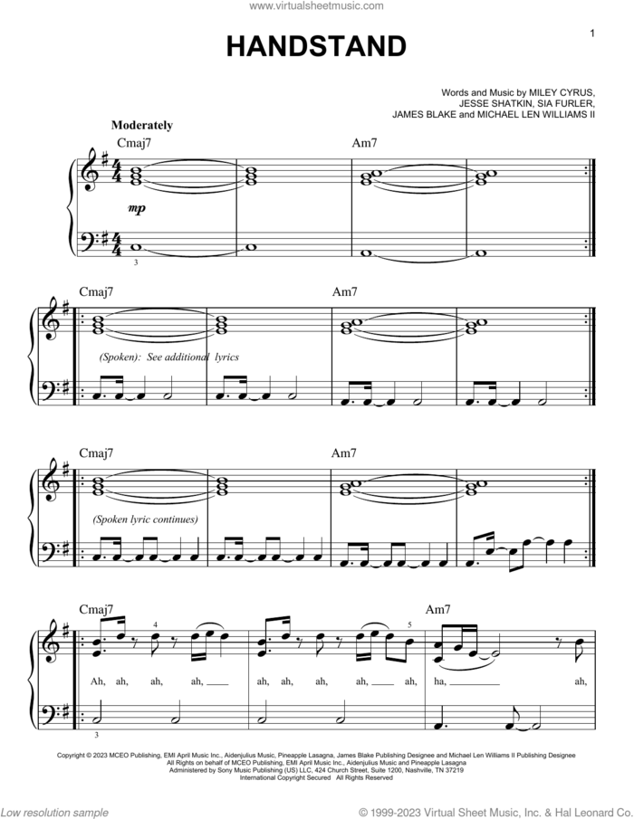 Handstand sheet music for piano solo by Miley Cyrus, Harmony Korine and Maxx Morando, easy skill level