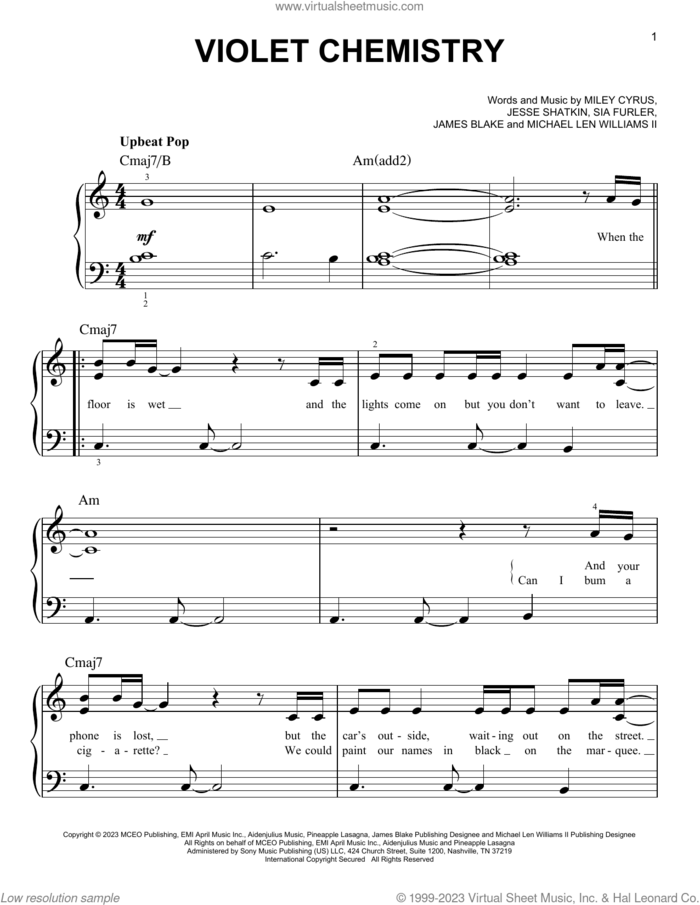 Violet Chemistry sheet music for piano solo by Miley Cyrus, James Blake, Jesse Shatkin, Michael Len Williams II and Sia Furler, easy skill level