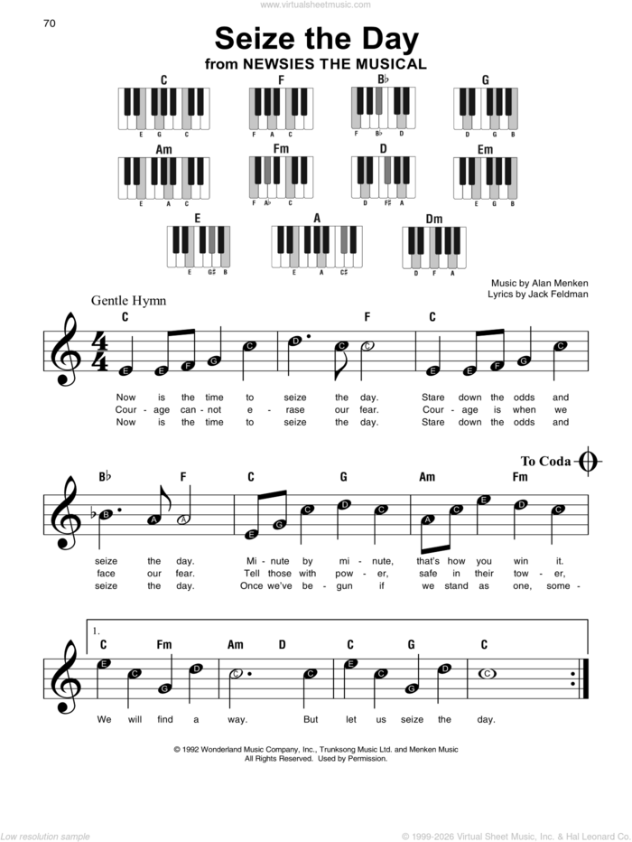 Seize The Day (from Newsies), (beginner) (from Newsies) sheet music for piano solo by Alan Menken and Jack Feldman, beginner skill level