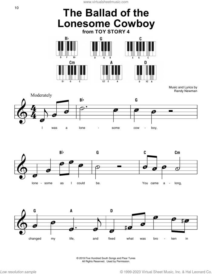 The Ballad Of The Lonesome Cowboy (from Toy Story 4), (beginner) (from Toy Story 4) sheet music for piano solo by Chris Stapleton and Randy Newman, beginner skill level