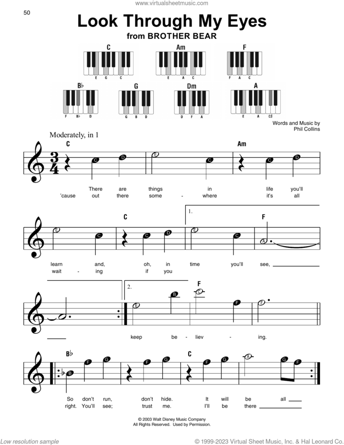 Look Through My Eyes (from Bridge To Terabithia) sheet music for piano solo by Phil Collins, beginner skill level