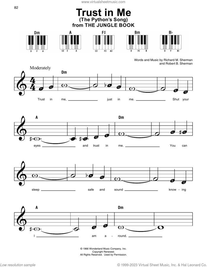 Trust In Me (The Python's Song) (from The Jungle Book) sheet music for piano solo by Richard M. Sherman, Robert B. Sherman and Sherman Brothers, beginner skill level