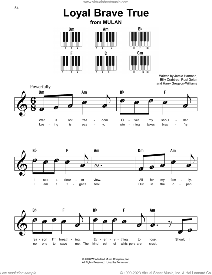 Loyal Brave True (from Mulan), (beginner) (from Mulan) sheet music for piano solo by Christina Aguilera, Billy Crabtree, Harry Gregson-Williams, Jamie Hartman and Rosi Golan, beginner skill level