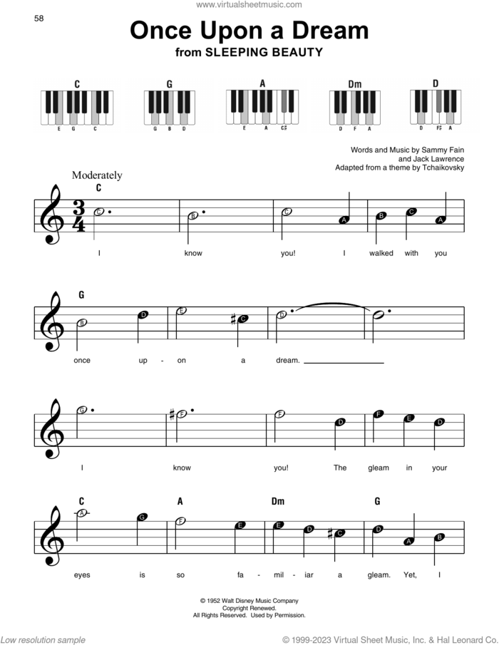Once Upon A Dream (from Sleeping Beauty) sheet music for piano solo by Sammy Fain and Jack Lawrence, beginner skill level
