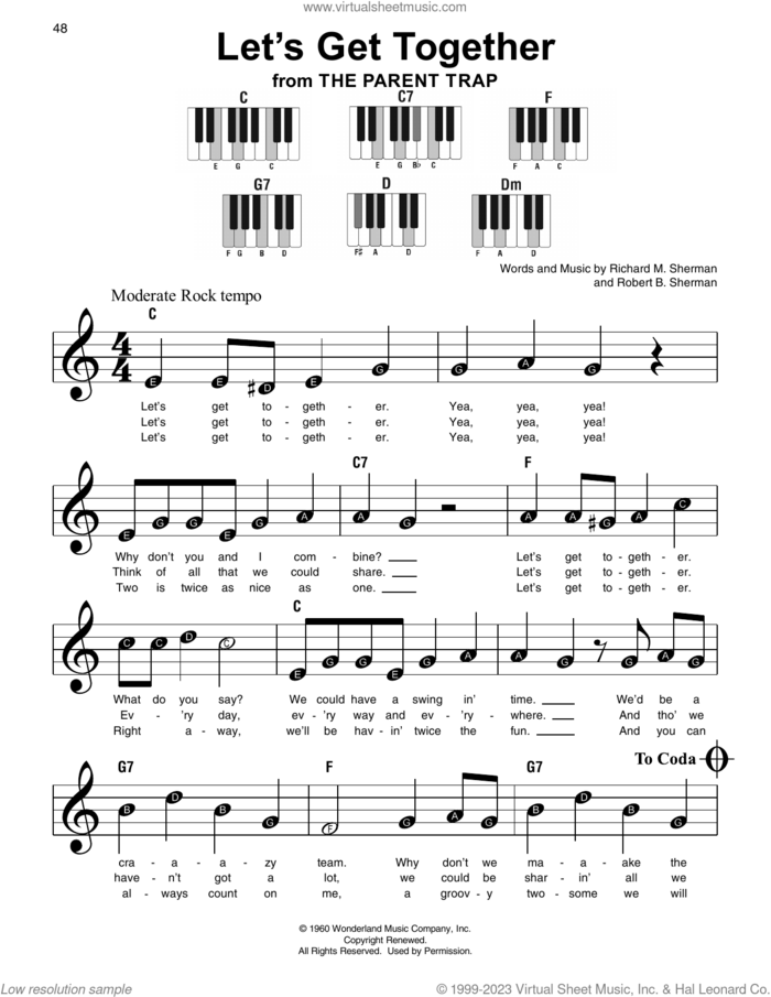 Let's Get Together (from The Parent Trap) sheet music for piano solo by Hayley Mills, Richard M. Sherman and Robert B. Sherman, beginner skill level