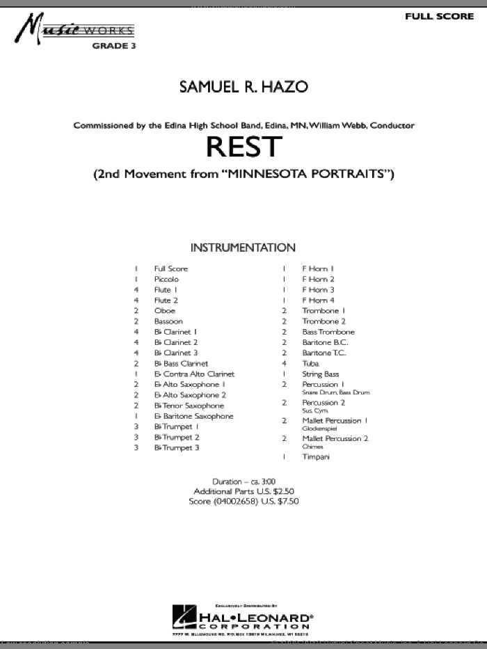 Rest (Mvt. 2 of 'Minnesota Portraits') (COMPLETE) sheet music for concert band by Samuel R. Hazo, intermediate skill level