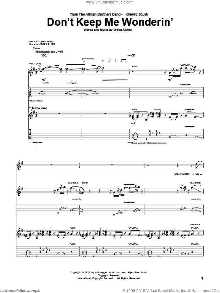 Don't Keep Me Wonderin' sheet music for guitar (tablature) by Allman Brothers Band, The Allman Brothers Band and Gregg Allman, intermediate skill level