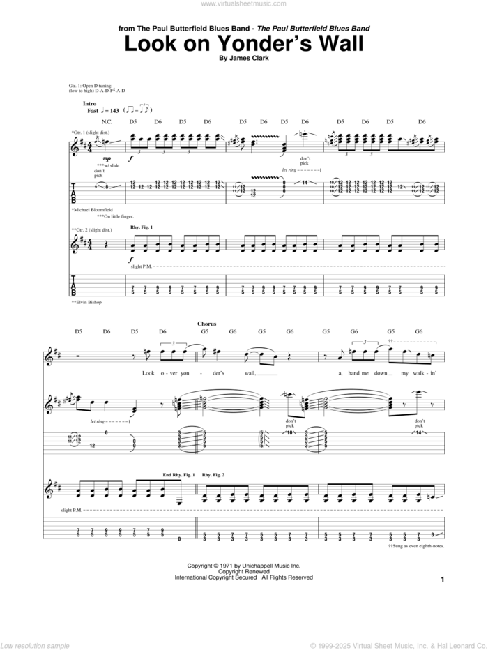 Look On Yonder's Wall sheet music for guitar (tablature) by Paul Butterfield and James Clark, intermediate skill level