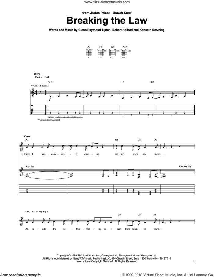 Breaking The Law sheet music for guitar (tablature) by Judas Priest, Glenn Tipton, K.K. Downing and Rob Halford, intermediate skill level
