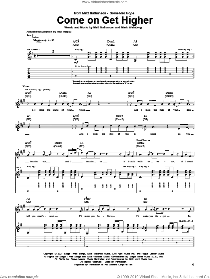Come On Get Higher sheet music for guitar (tablature) by Matt Nathanson and Mark Weinberg, intermediate skill level