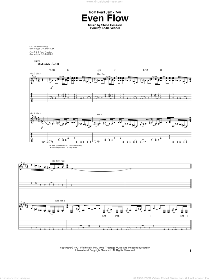 Even Flow sheet music for guitar (tablature) by Pearl Jam, Eddie Vedder and Stone Gossard, intermediate skill level