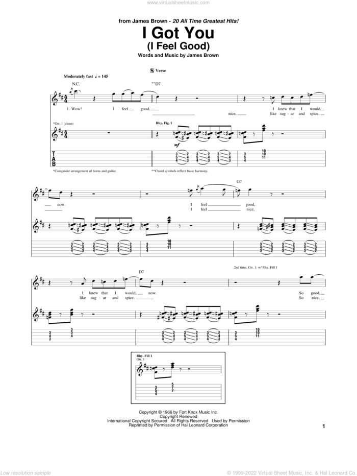 I Got You (I Feel Good) sheet music for guitar (tablature) by James Brown, intermediate skill level
