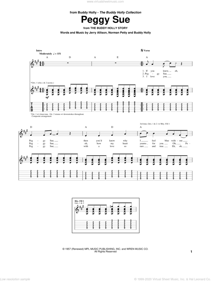 Peggy Sue sheet music for guitar (tablature) by Buddy Holly, Jerry Allison and Norman Petty, intermediate skill level