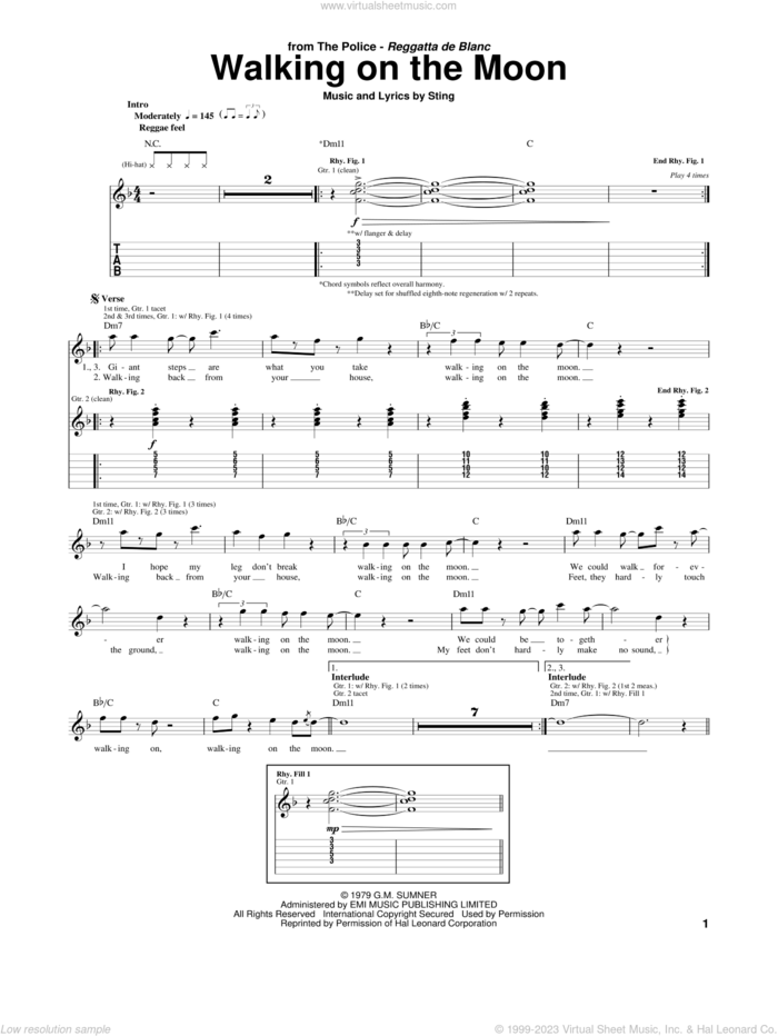 Walking On The Moon sheet music for guitar (tablature) by The Police and Sting, intermediate skill level
