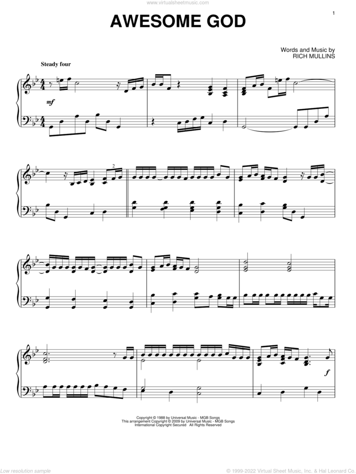 Awesome God sheet music for piano solo by Rich Mullins, intermediate skill level