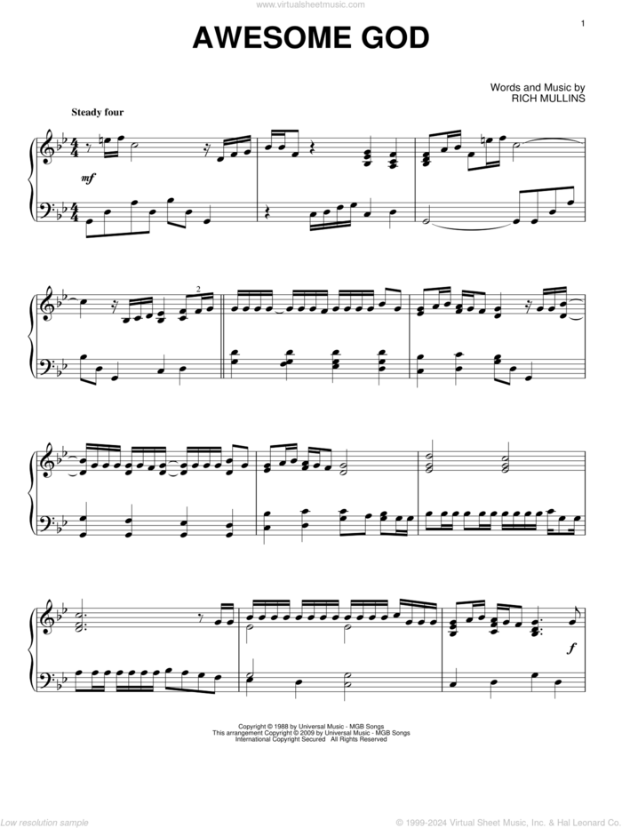 Awesome God sheet music for piano solo by Rich Mullins, intermediate skill level