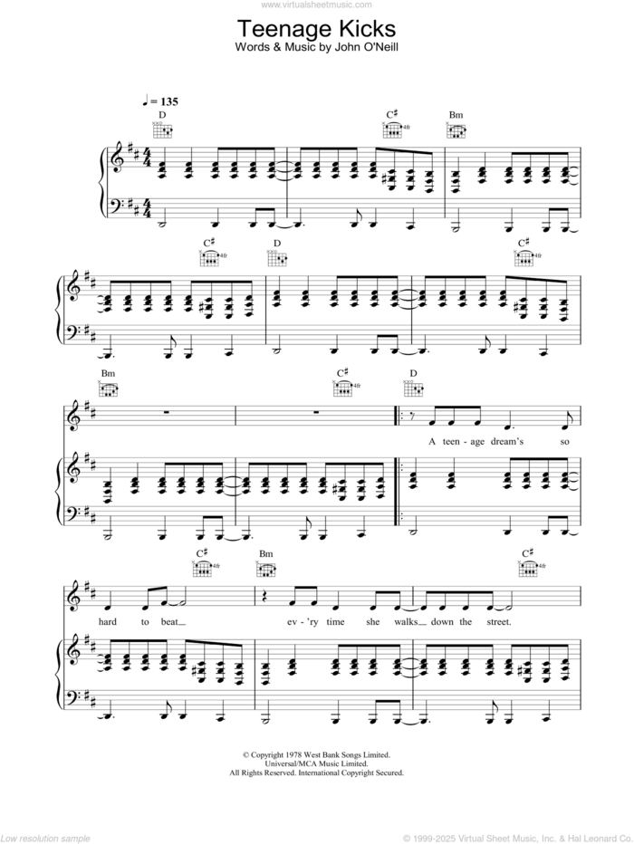 Teenage Kicks sheet music for voice, piano or guitar by The Undertones, intermediate skill level