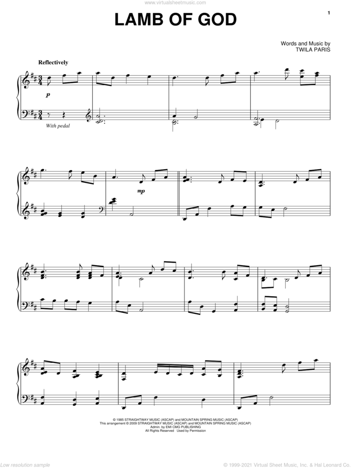 Lamb Of God, (intermediate) sheet music for piano solo by Twila Paris, intermediate skill level