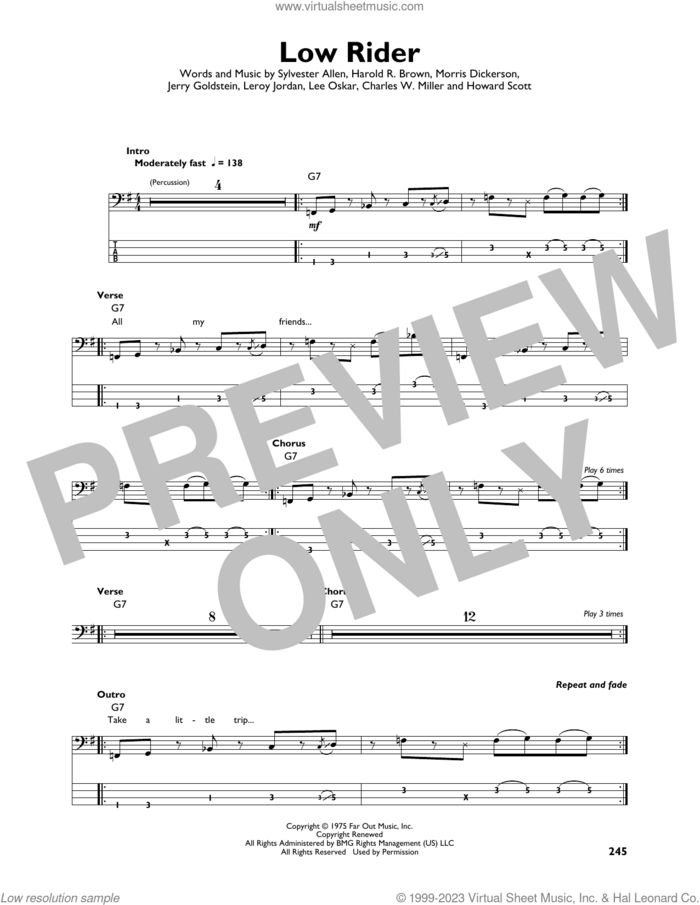 Low Rider sheet music for bass solo by War, Charles W. Miller, Harold R. Brown, Howard Scott, Jerry Goldstein, Lee Oskar, Leroy Jordan, Morris Dickerson and Sylvester Allen, intermediate skill level