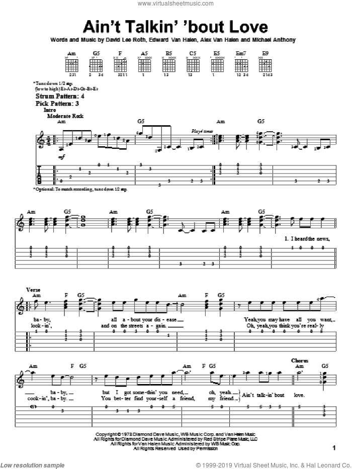Ain't Talkin' 'Bout Love sheet music for guitar solo (easy tablature) by Edward Van Halen, Alex Van Halen, David Lee Roth and Michael Anthony, easy guitar (easy tablature)