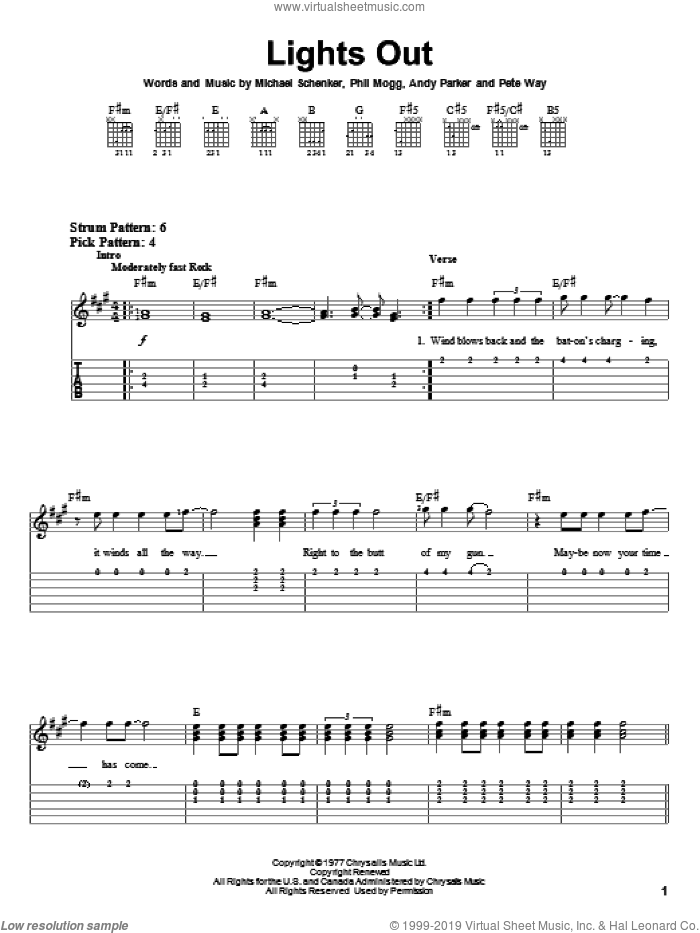 Lights Out sheet music for guitar solo (easy tablature) by UFO, Andy Parker, Michael Schenker, Pete Way and Phil Mogg, easy guitar (easy tablature)