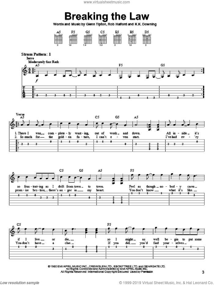 Breaking The Law sheet music for guitar solo (easy tablature) by Judas Priest, Glenn Tipton, K.K. Downing and Rob Halford, easy guitar (easy tablature)
