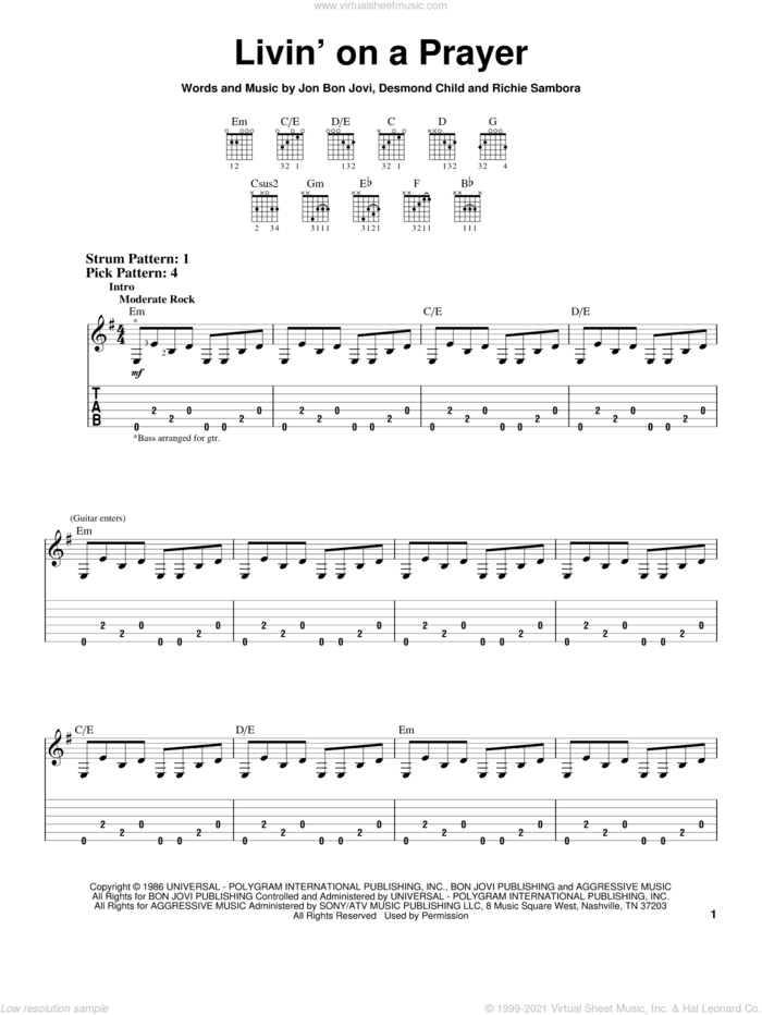 Livin' On A Prayer sheet music for guitar solo (easy tablature) by Bon Jovi, Desmond Child and Richie Sambora, easy guitar (easy tablature)