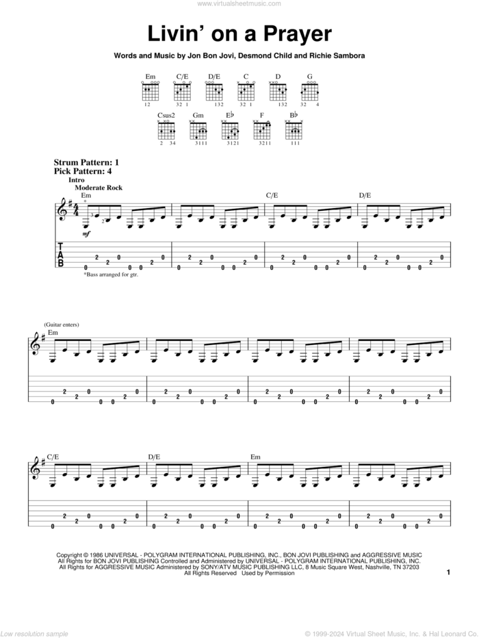 Livin' On A Prayer sheet music for guitar solo (easy tablature) by Bon Jovi, Desmond Child and Richie Sambora, easy guitar (easy tablature)