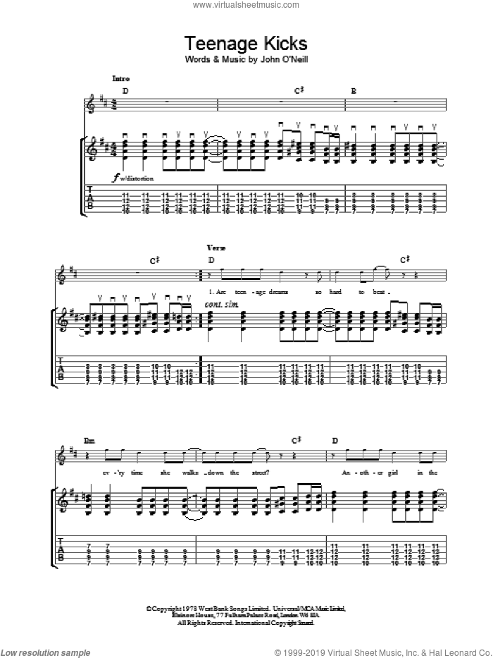 Teenage Kicks sheet music for guitar (tablature) by The Undertones, intermediate skill level