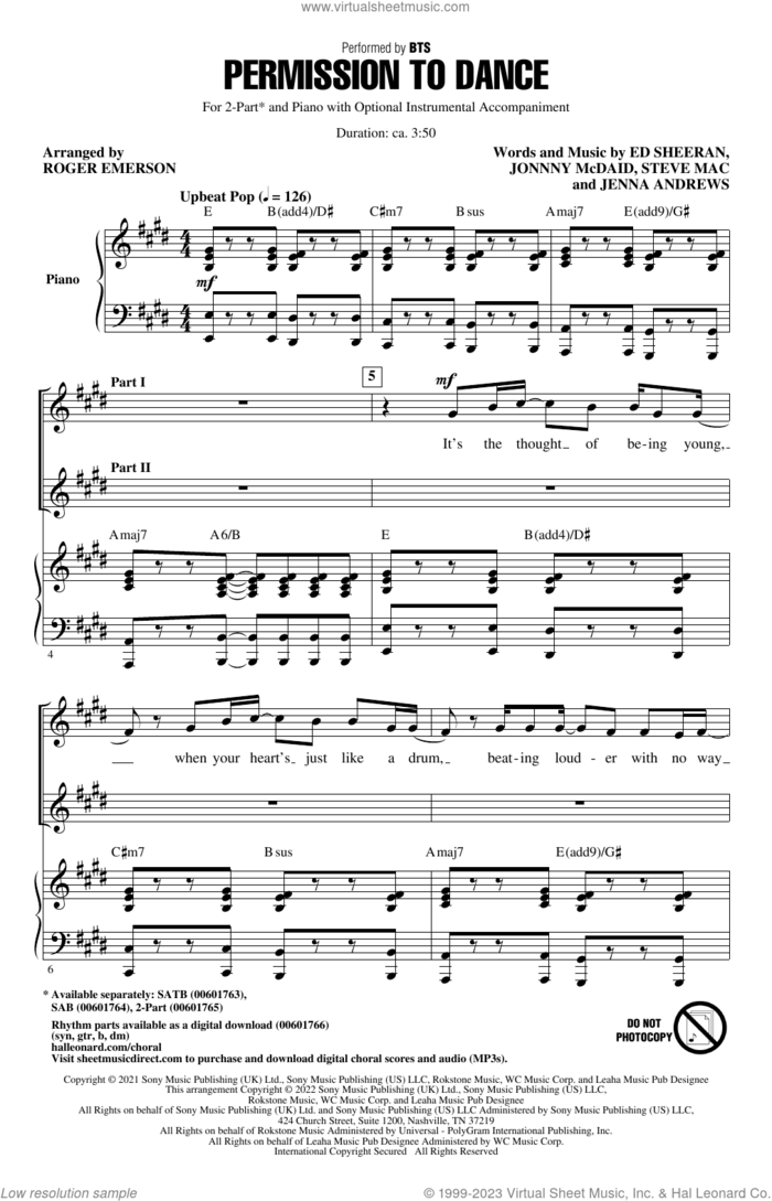Permission To Dance (arr. Roger Emerson) sheet music for choir (2-Part) by BTS, Roger Emerson, Ed Sheeran, Jenna Andrews, Johnny McDaid and Steve Mac, intermediate duet