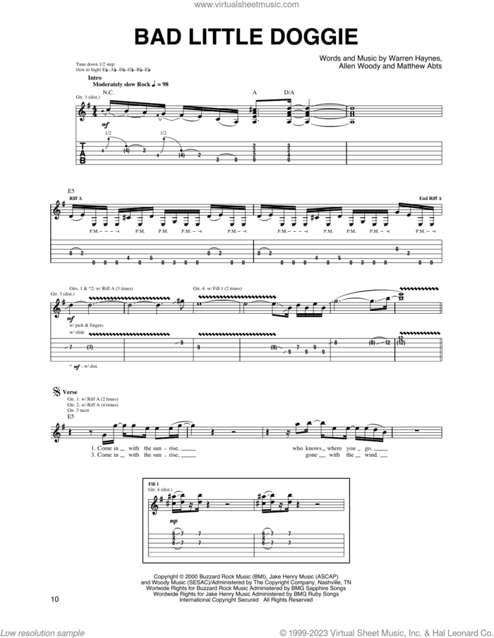 Bad Little Doggie sheet music for guitar (tablature) by Gov't Mule, Allen Woody, Matthew Abts and Warren Haynes, intermediate skill level