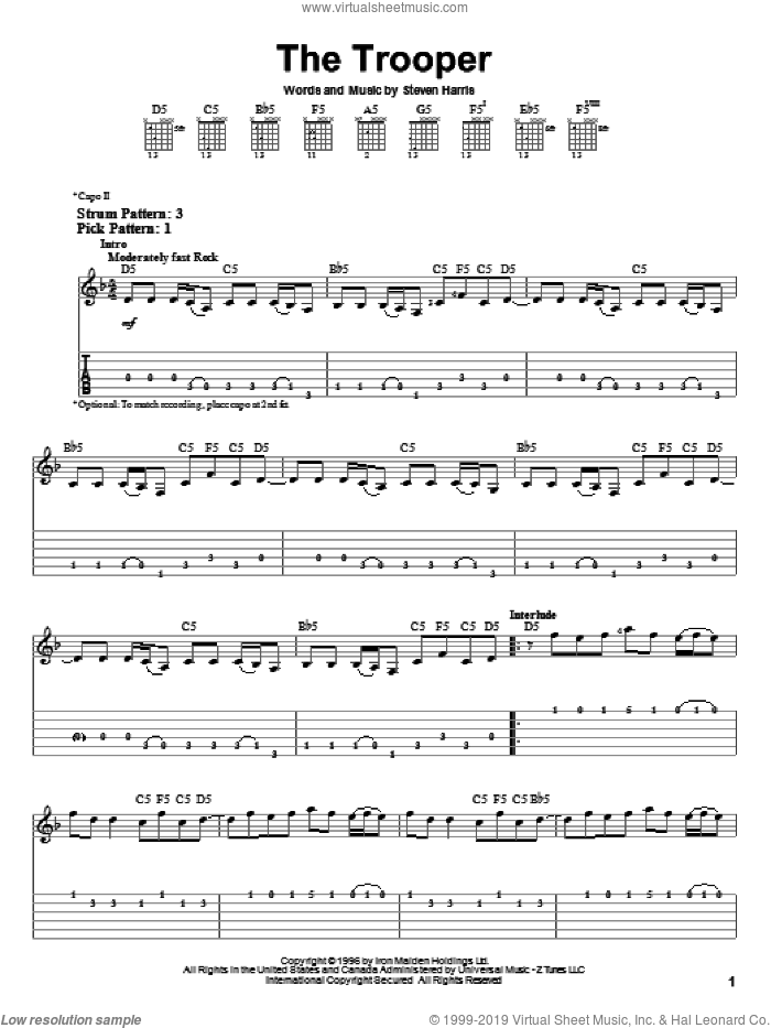 The Trooper sheet music for guitar solo (easy tablature) by Iron Maiden and Steve Harris, easy guitar (easy tablature)