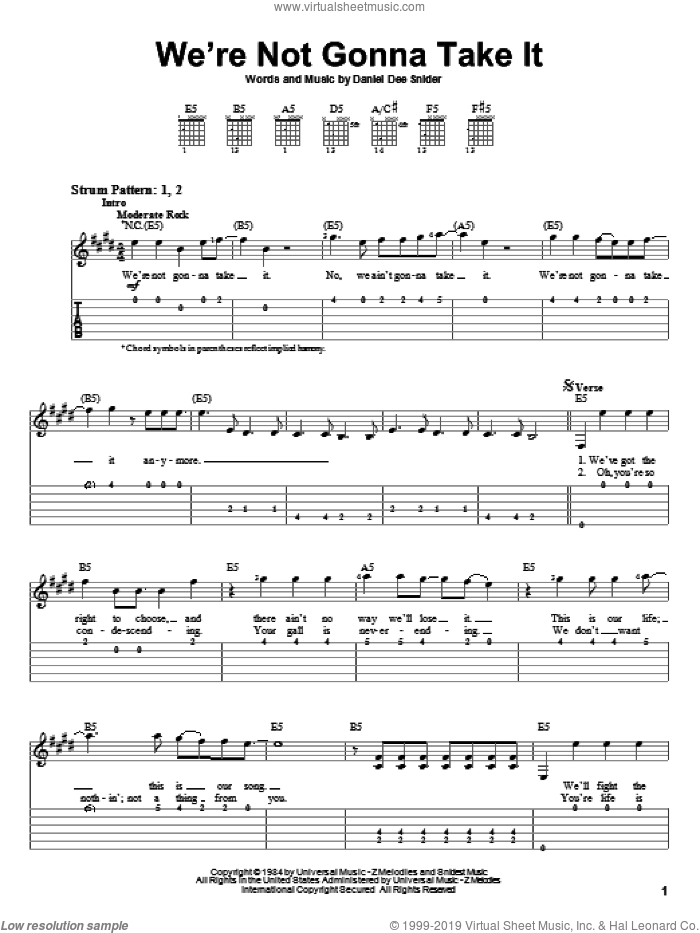 We're Not Gonna Take It sheet music for guitar solo (easy tablature) by Twisted Sister and Dee Snider, easy guitar (easy tablature)