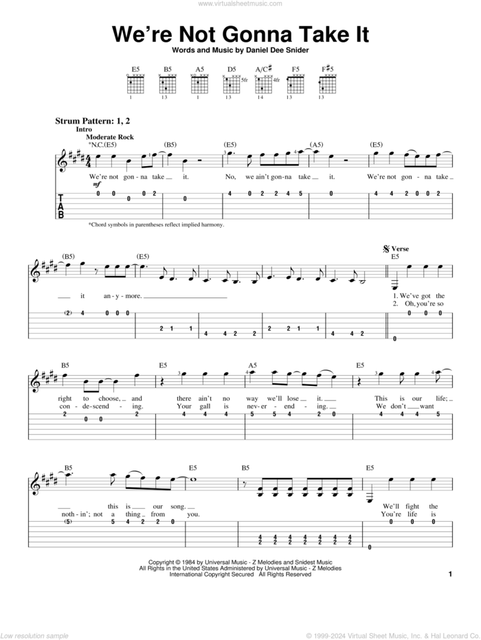 We're Not Gonna Take It sheet music for guitar solo (easy tablature) by Twisted Sister and Dee Snider, easy guitar (easy tablature)