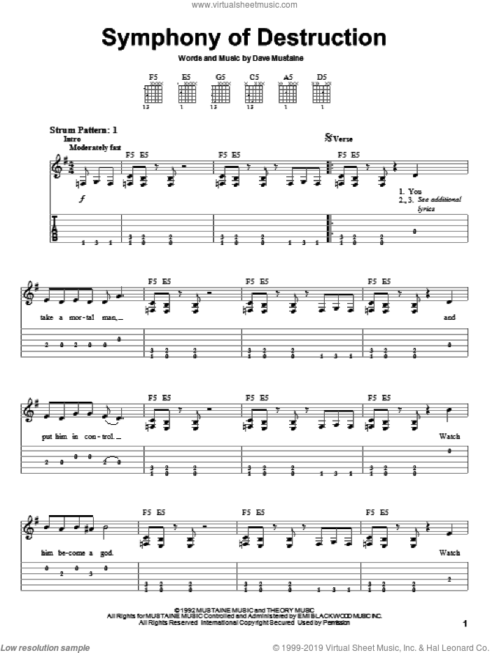 Symphony Of Destruction sheet music for guitar solo (easy tablature) by Megadeth and Dave Mustaine, easy guitar (easy tablature)