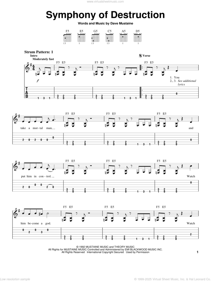 Symphony Of Destruction sheet music for guitar solo (easy tablature) by Megadeth and Dave Mustaine, easy guitar (easy tablature)