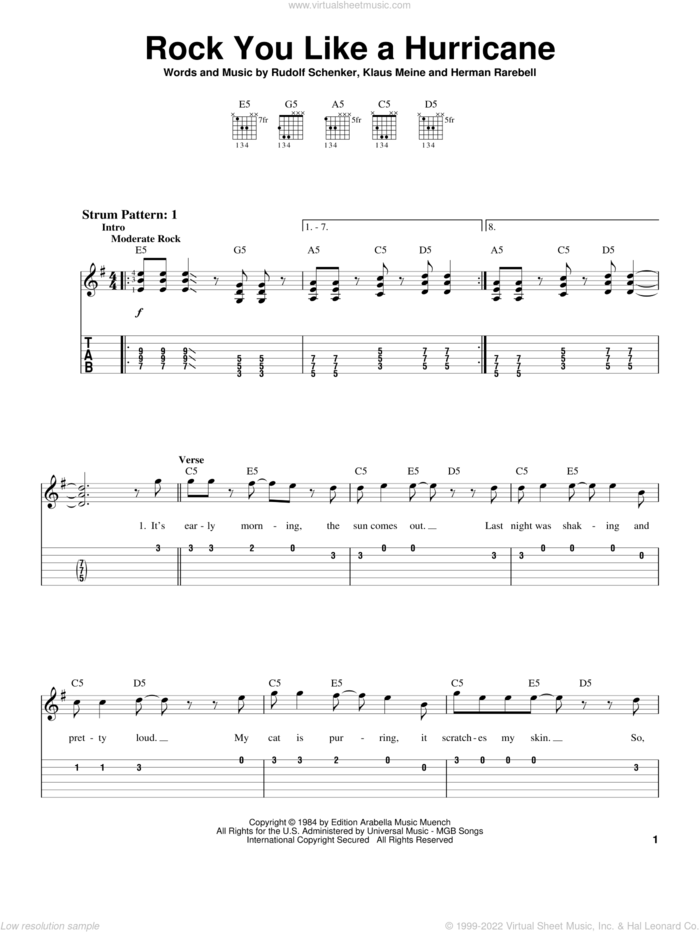 Rock You Like A Hurricane sheet music for guitar solo (easy tablature) by Scorpions, Herman Rarebell, Klaus Meine and Rudolf Schenker, easy guitar (easy tablature)