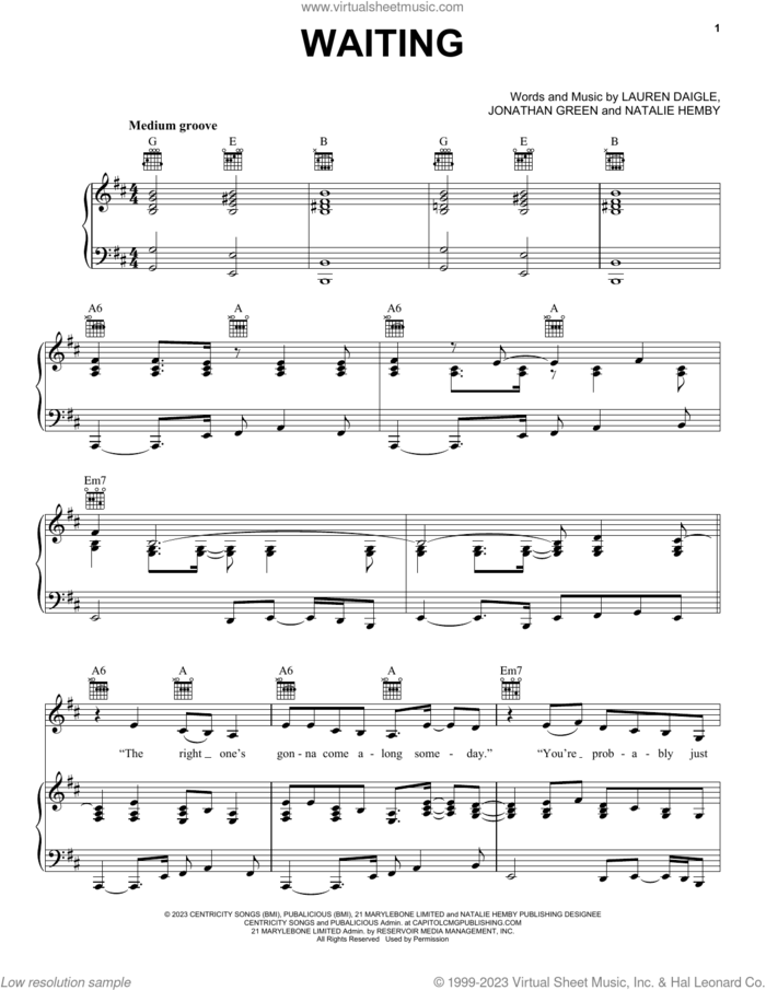 Waiting sheet music for voice, piano or guitar by Lauren Daigle, Jonathan Ian Green and Natalie Hemby, intermediate skill level