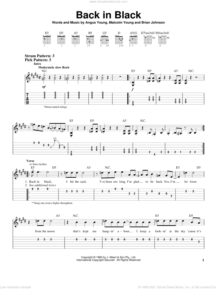 Back In Black sheet music for guitar solo (easy tablature) by AC/DC, Angus Young, Brian Johnson and Malcolm Young, easy guitar (easy tablature)