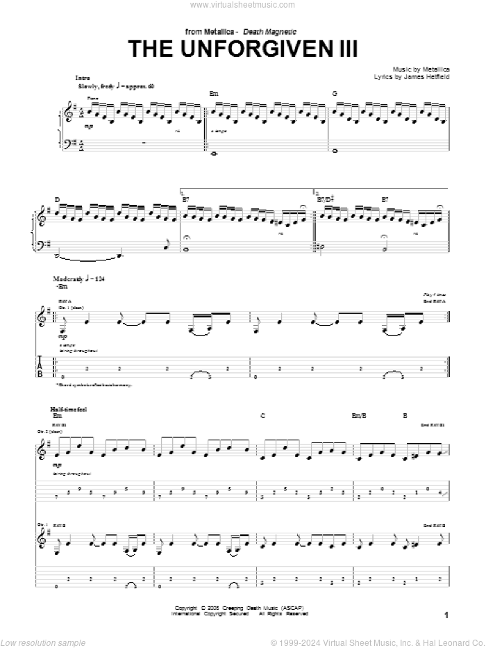 The Unforgiven III sheet music for guitar (tablature) by Metallica and James Hetfield, intermediate skill level