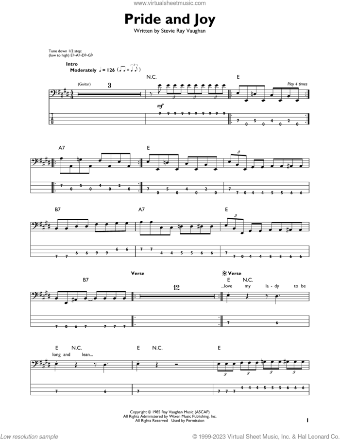 Pride And Joy sheet music for bass solo by Stevie Ray Vaughan, intermediate skill level