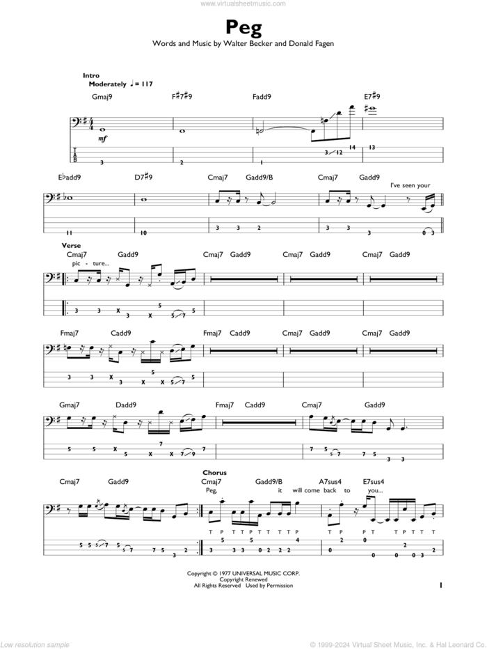 Peg sheet music for bass solo by Steely Dan, Donald Fagen and Walter Becker, intermediate skill level