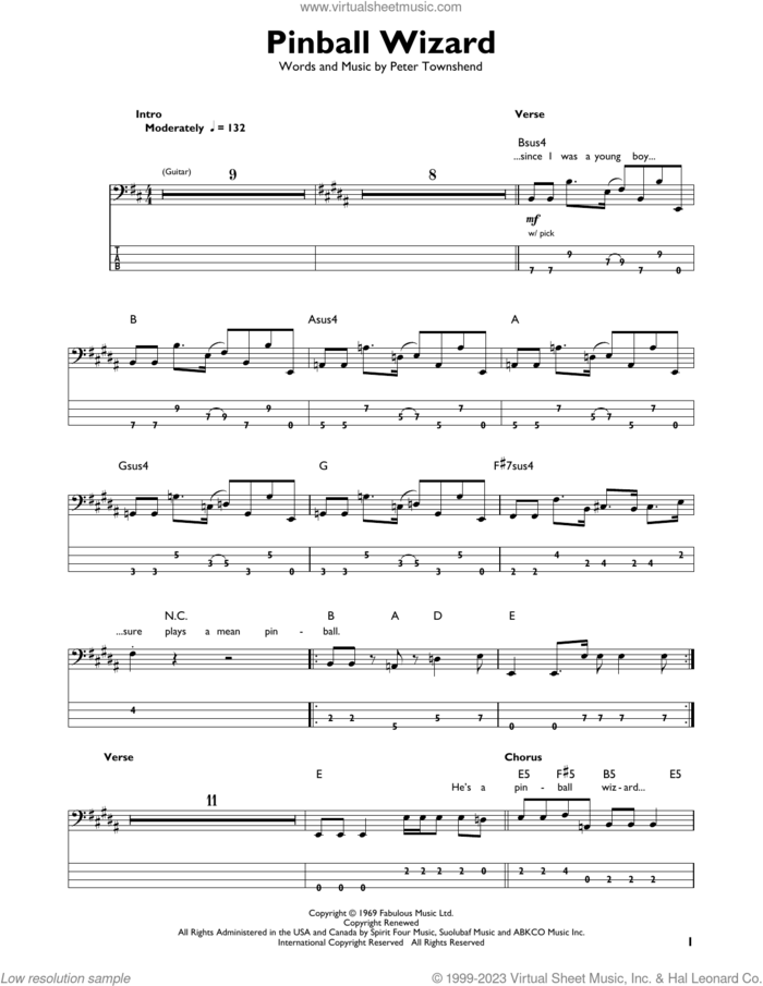 Pinball Wizard sheet music for bass solo by The Who and Pete Townshend, intermediate skill level